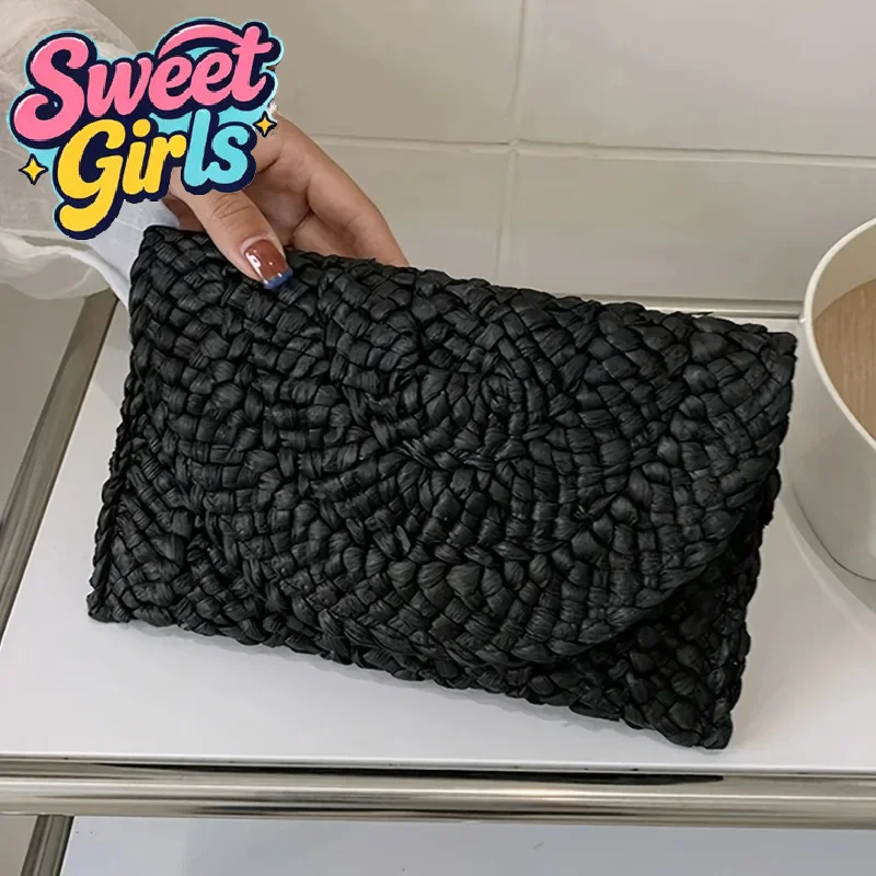 

Woven Handbag for Women Natural Straw Clutch Purse Summer Vacation Minimalist Shoulder Bag Solid Color Eco-Friendly Beach Bag
