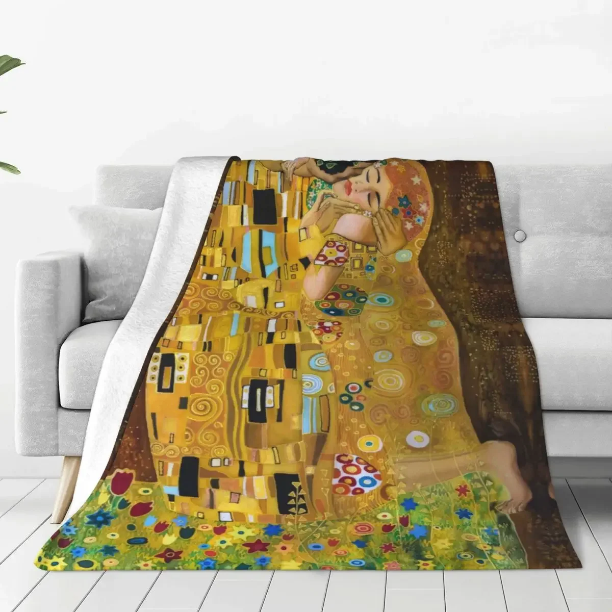 Gustav Klimt The Kiss Knitted Blanket Flannel Abstract Freyas Art Super Warm Throw Blankets for Bed Bedroom Quilt