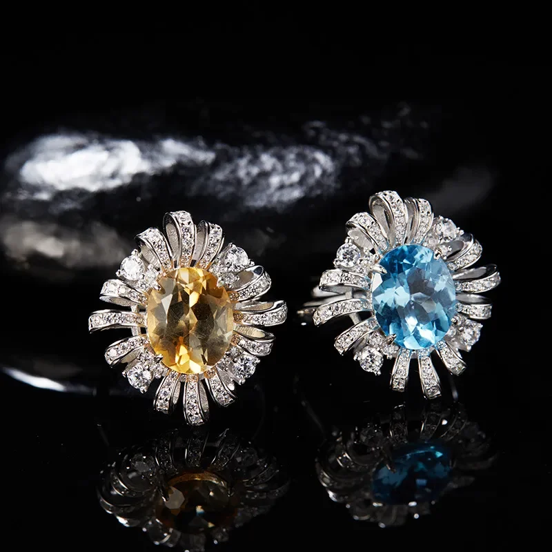 Live stream new S925 sterling silver inlaid with natural citrine topaz colored treasure ring women's high-end hollow flower