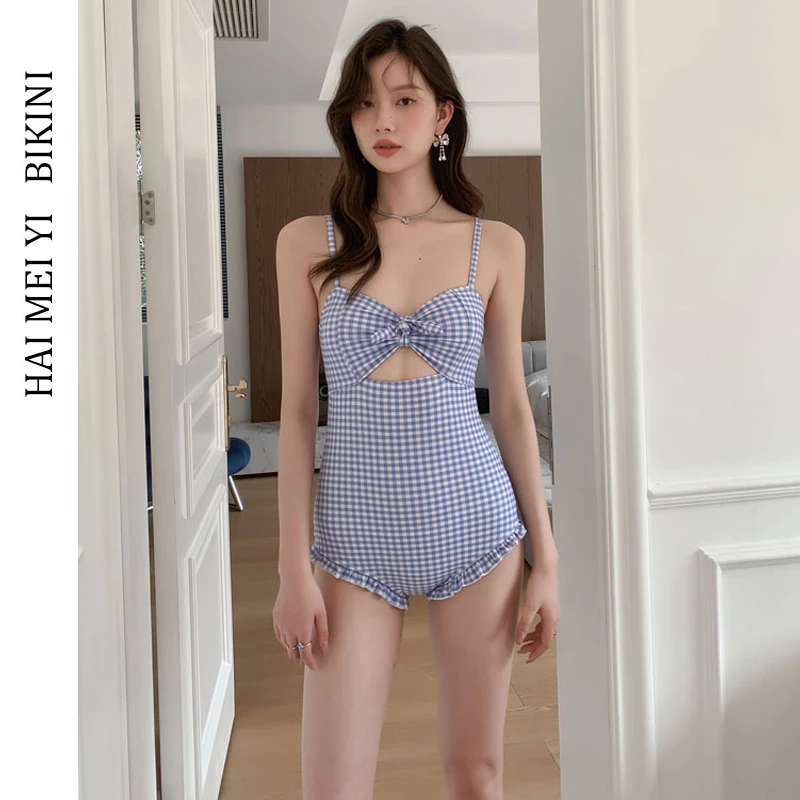 

H 2025 New Vintage Sle One-Piece Swimsuit Women's Slimming Small Chest Student Hot Spring Swimsuit Casual Swimwear