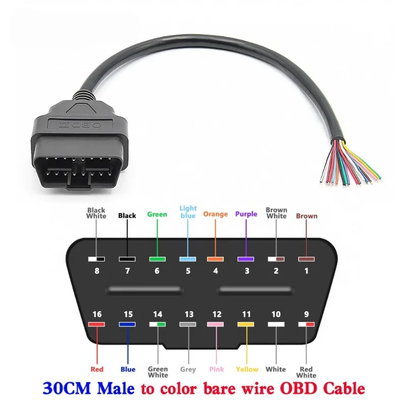 

OBD2 Extension Cable 30CM 16Pin Male to Female 16-Color Coded Bare With Wire Cable Automotive DIY Modification Device Testing