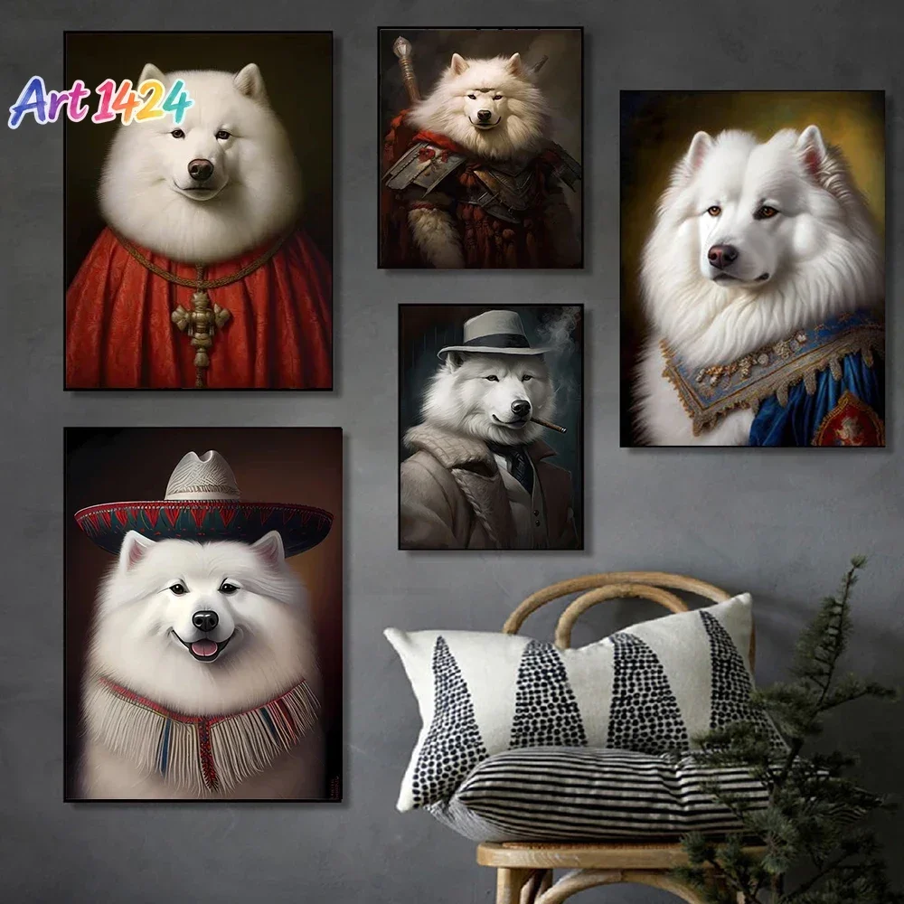 Dogs Renaissance Portrait Canvas Painting Samoyed Dog Poster and For Living Room Modern Home Decor