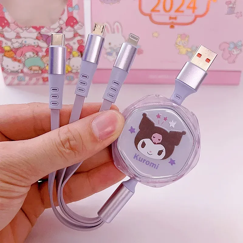 Cute Kuromi Cinnamoroll Hello Kitty three-in-one telescopic 66w fast charging data cable type-c USB portable car charger