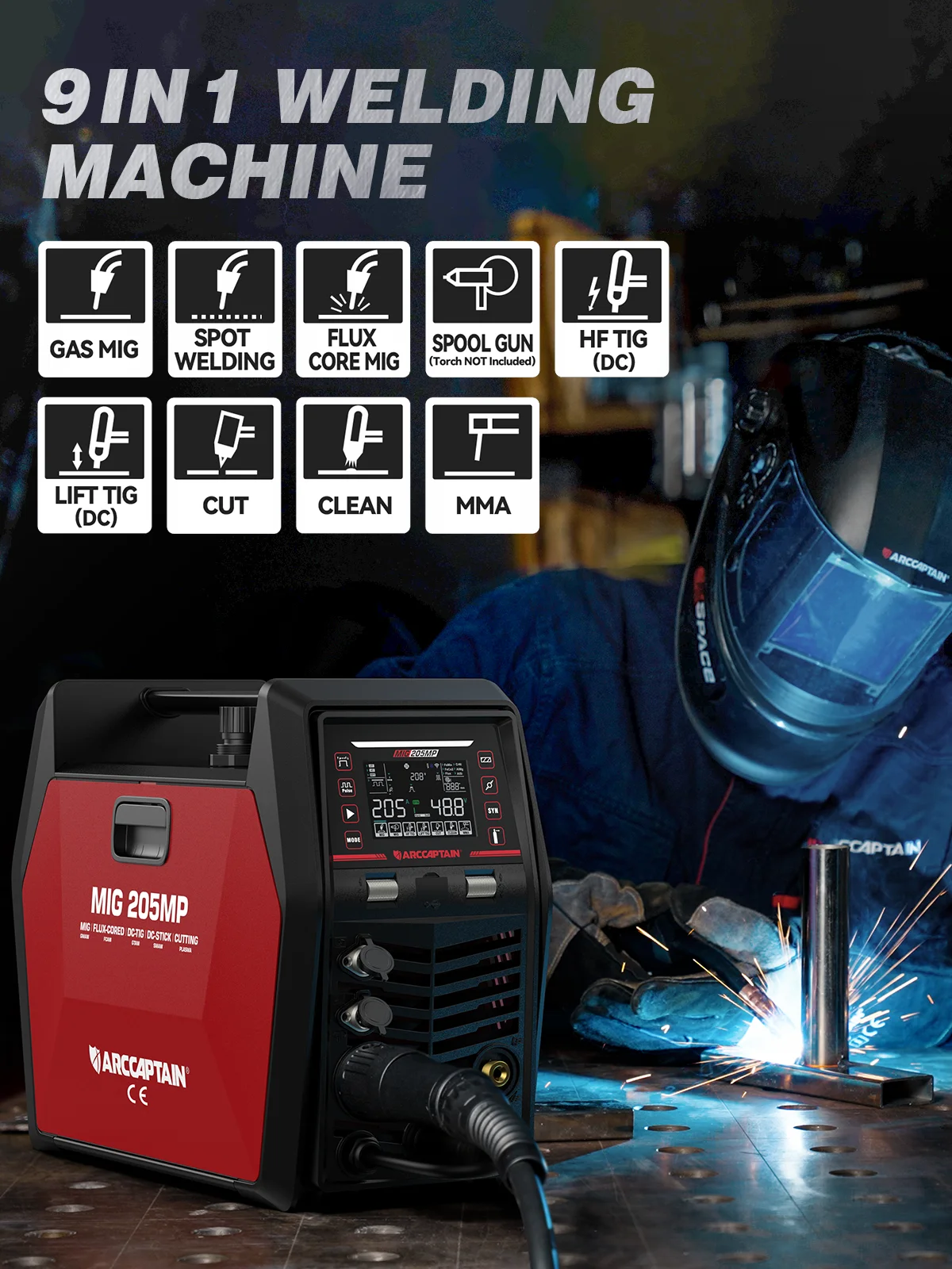 ARCCAPTIAN Aluminium MIG-lasmachine 9-in-1 APP Gasfluxkern MIG MMA CUT Lift HT TIG Spool Gun Clean 240V205A Synergy Lasser - afbeelding 2