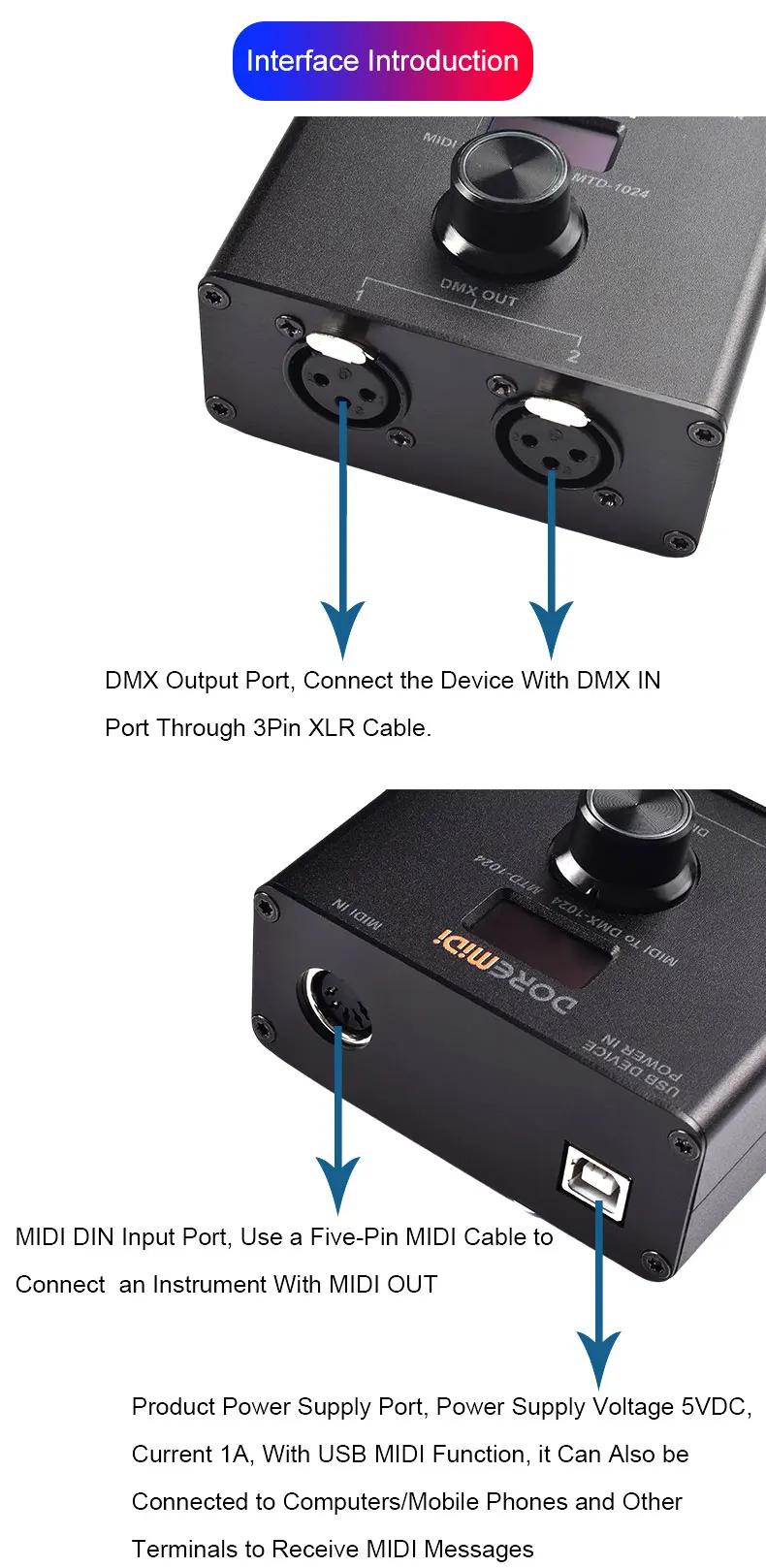 DOREMiDi MIDI to DMXコントローラー (MTD-1024) DOREMiDi Kontroler MIDI na DMX (MTD-1024) może konwertować