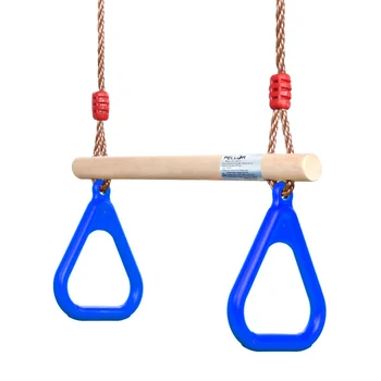 Multifunctional wooden trapeze swing with plastic ring for children, indoor and outdoor fun set, load-bearing, 160kg