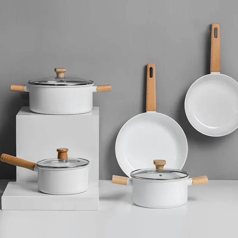 Double-sided Ceramic Non-stick Pot Japanese Style White Wood Grain Soup Three Frying Pan Combination Non Stick Cooking