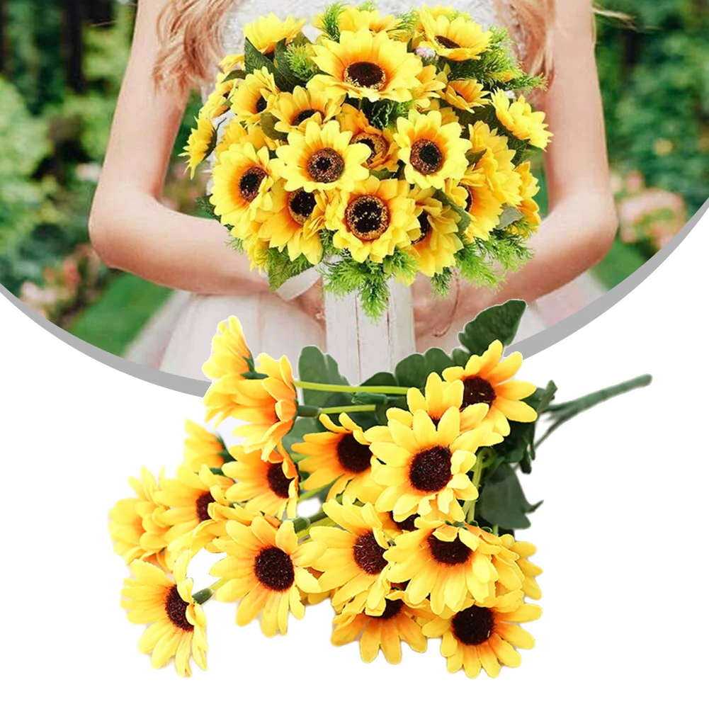 1 Bunch 24 Heads Artificial Sunflowers 29cm Silk Fake Flower Bouquet For Garden Bookstore Wedding Cafe Store Party Decor