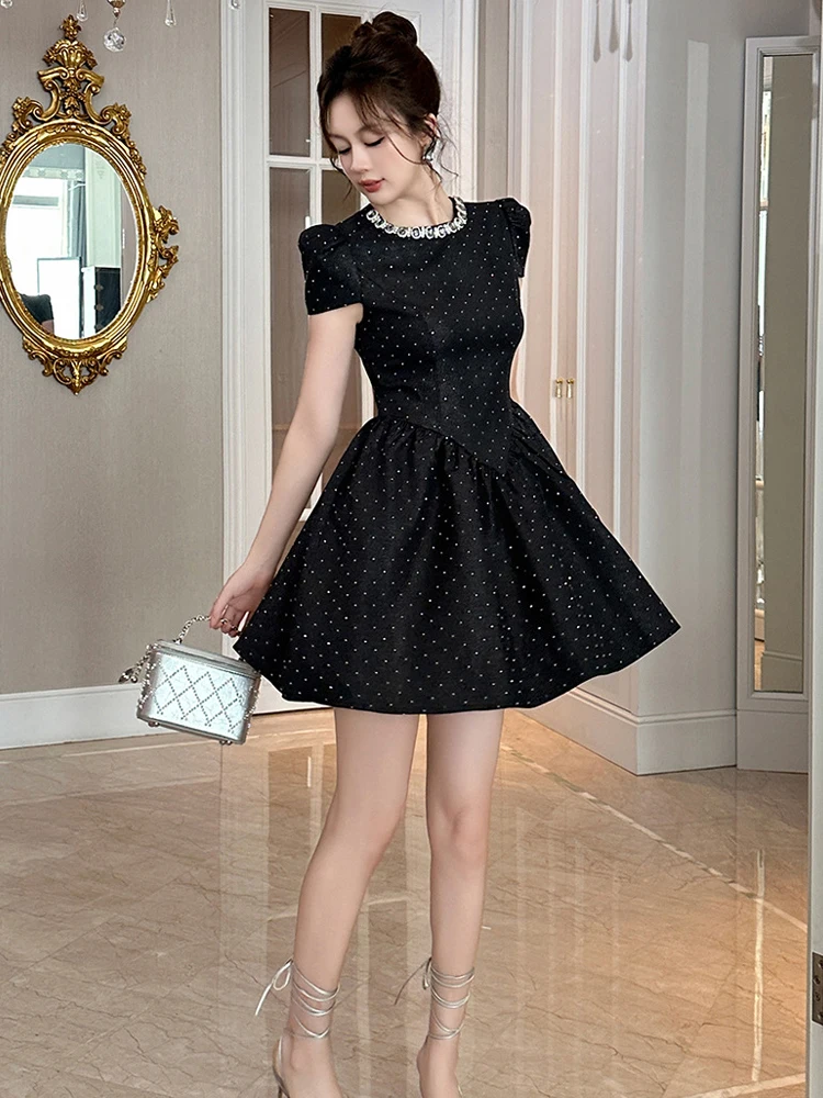 Luxuriöses Kawaii Formelles Abendkleid für Damen Süßes Niedliches Schwarzes Kurzarm-Swing-Ballkleid Party Club Vestidos Festival-Kleidung