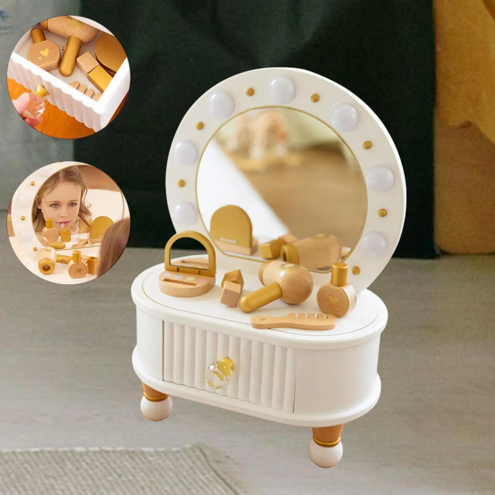 

Wooden Vanity Play Set Little Girls Princess Dress up with Mirror Educational Role Playing Toys for Kids Pretend Play Makeup Kit