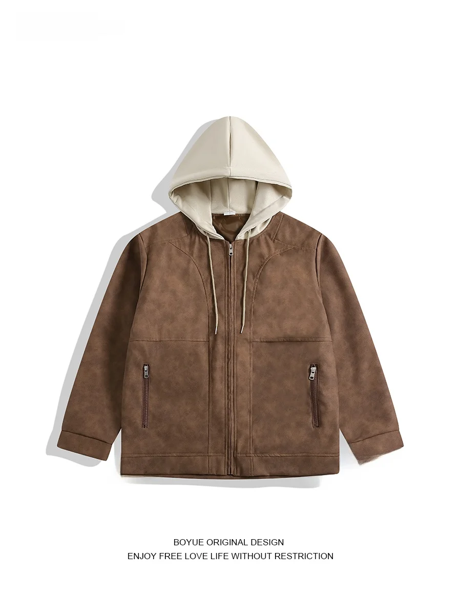 

Boyue Retro Faux Two-Piece Leather Jaet Hooded American Sle Men's Outerwear Trendy Long Sve Zipper Closure Color