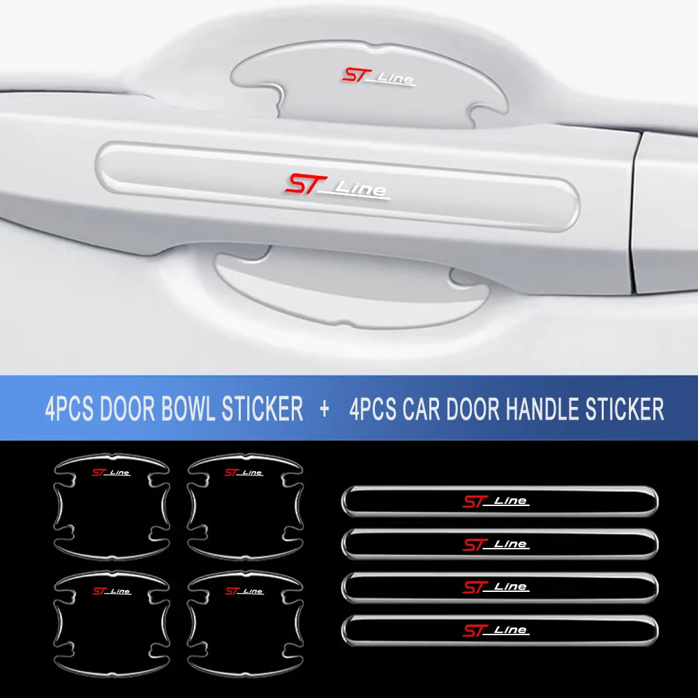 8pcs Car Door Handle Bowl Protector Transparent Anti-collision ST LINE Logo For FORD FIESTA FOCUS MONDEO ST Auto Car Styling