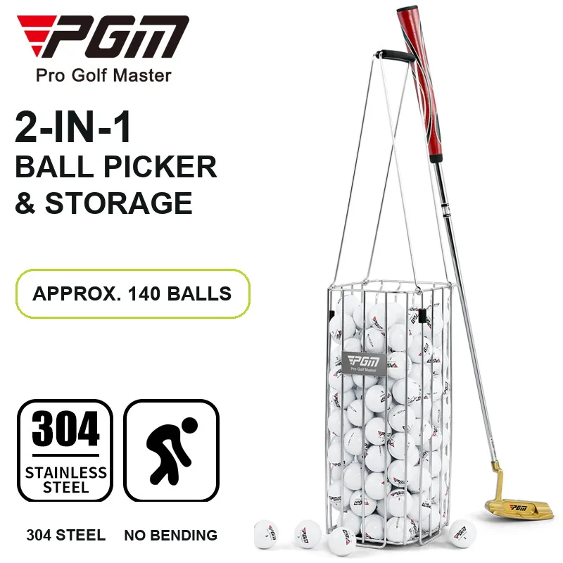 PGM QK006 2-in-1 Golf Ball Picker and Storage Basket, 304 Stainless Steel, 140-Ball Capacity, No-Bend Pickup