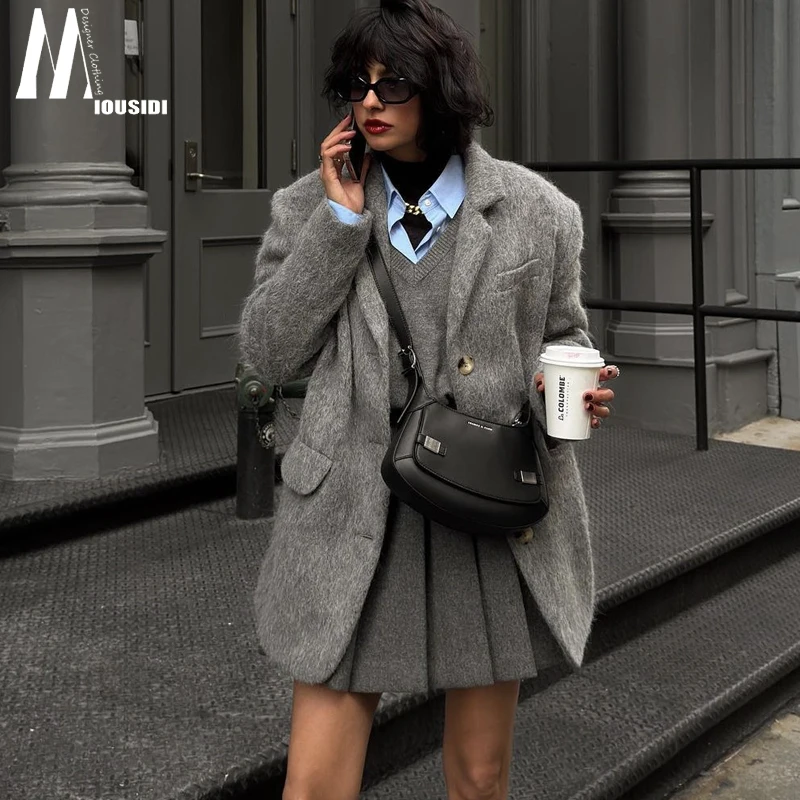 New Grey Woolen Suit Jacket Short Thickened Fashionable Autumn Winter Women's Coat Pearlescent Style Long Sleeve Classic Color