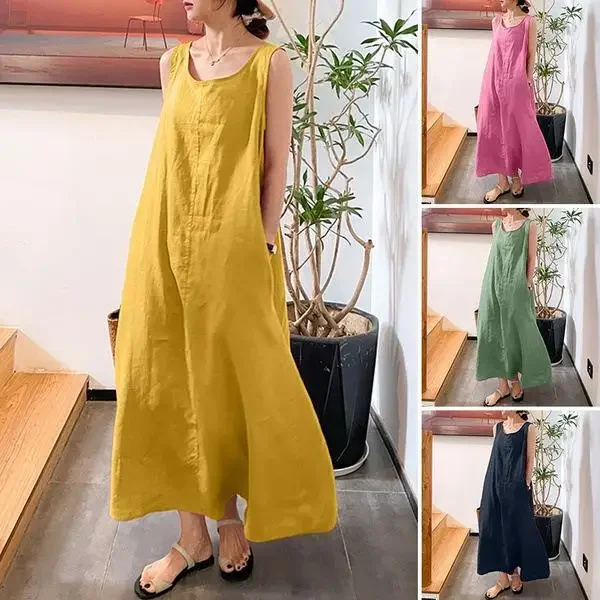 

Summer Cotton Linen Suspender Dress Long Section Large Pocket Casual Loose Temperament Sleeveless Korean Women Simple Plus Size