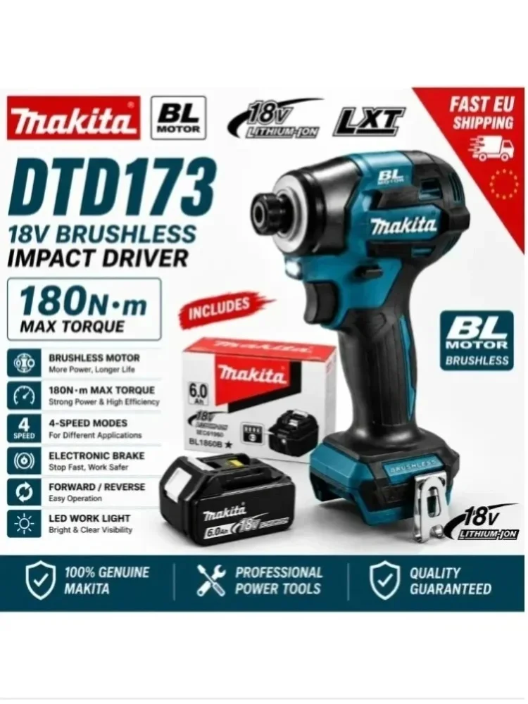 Oryginalny wkrętak udarowy akumulatorowy Makita DTD173 18V LXT bezszczotkowy, wkrętarka elektryczna 180N·m z akumulatorem Makita BL1860 6.0Ah BL1850 BL1840 18V, podwójne LED, szybka wysyłka z UE. — 2