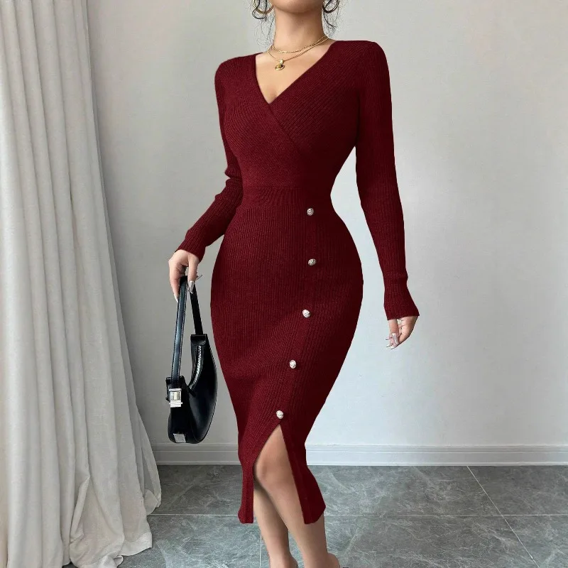 French Dress 2025 Autumn and Winter Waist Medium and Long Hip Skirt with Bottom and Tight Knitted Dress Temperament Commuting