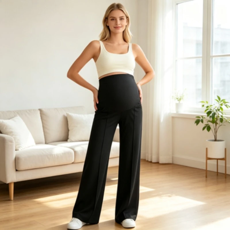 Pregnant Women High Waist Maternity Straight Pants Belly Support No Tight Tummy Wide Leg Long Trousers Stretch Breathable