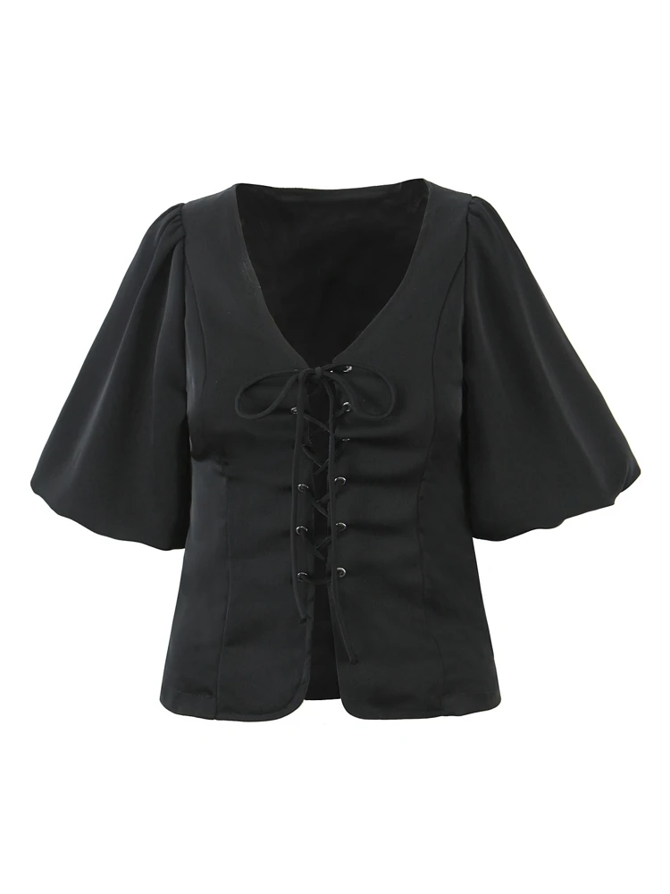 

OUROPEAN ZTATION 2025 Spring New Female Casual Outerwear Coat Fashion Autumn Woman's half Sleeve Top Ruffles V-Collar Lace Shirt