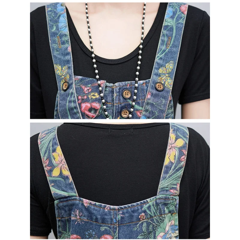 Casual Streetwear พิมพ์ดอกไม้ DENIM Jumpsuit ผู้หญิงหลวม Baggy กางเกงขากว้าง Rompers ขนาดใหญ่กระเป๋าสายรัดกางเกงยีนส์ Overalls