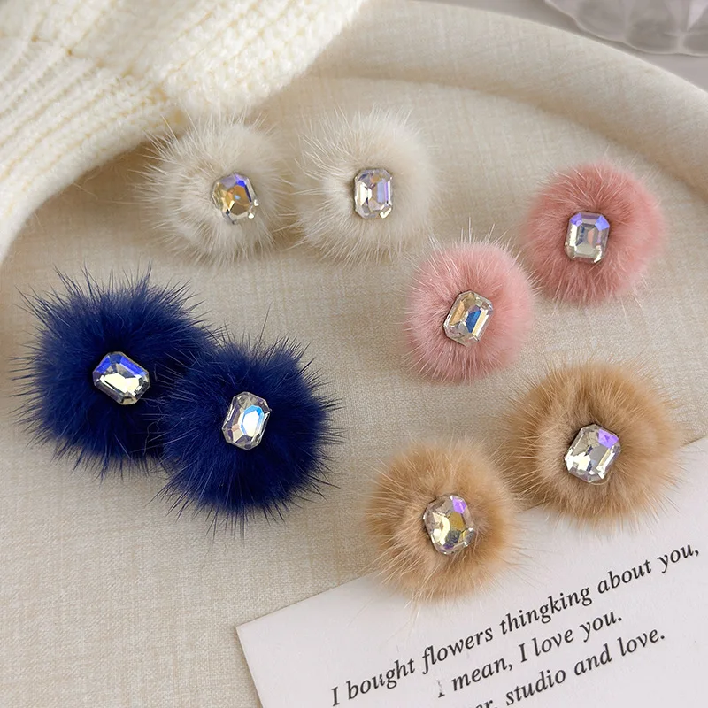 Colorful Plush Pom Pom Square Rhinestone Stud Earrings Soft Cute Winter Fur Ball Drop Ear Jewelry for Women Girls Daily Party