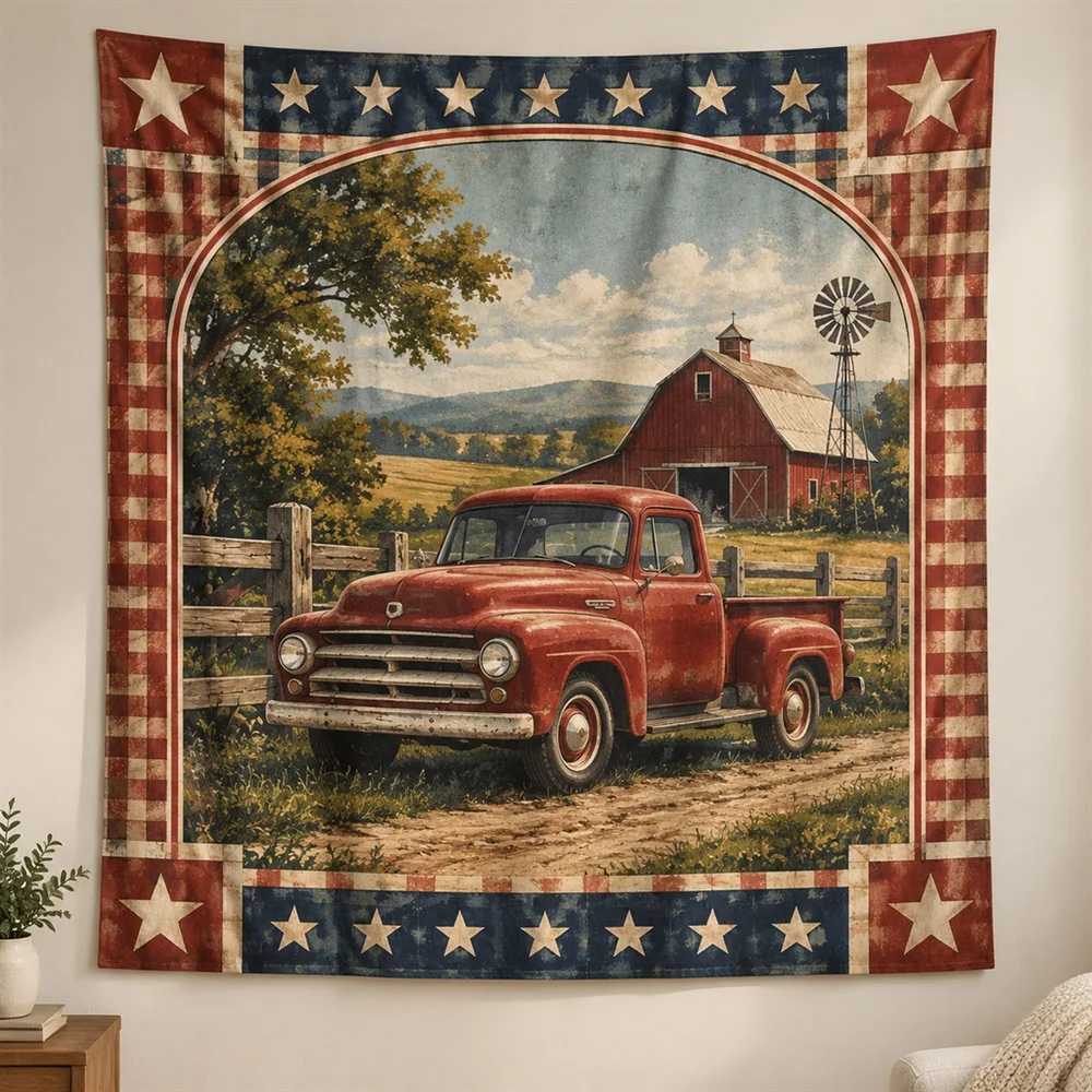VIKAMA Vintage Pickup Truck Framed Panel Tapestry Wall Hanging, American Wall Decor Tapestries for Nursery Kids Room Bedroom