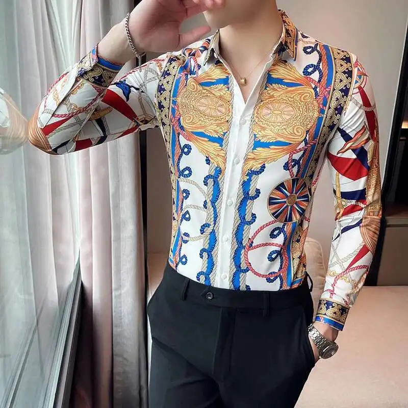

Streetwear Nightclub Camisa Hombre Luxury Retro Print Men Shirt Slim Long Sleeve Casual Shirt Social Business Formal Dress Shirt