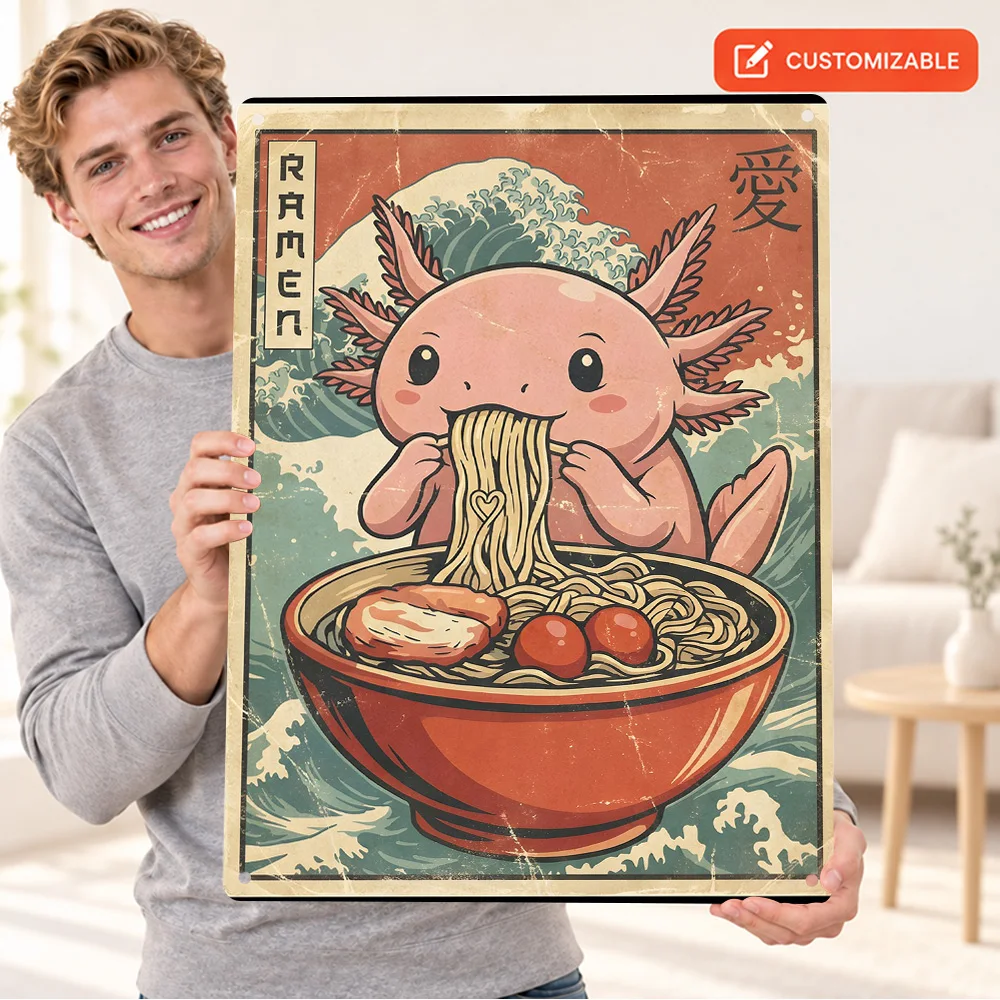 Retro Ramen Axolotl Japanese Food Kawaii Printed Poster Bold Design Cafe Wall Art Customized Aluminum Metal Sign Birthday Gift