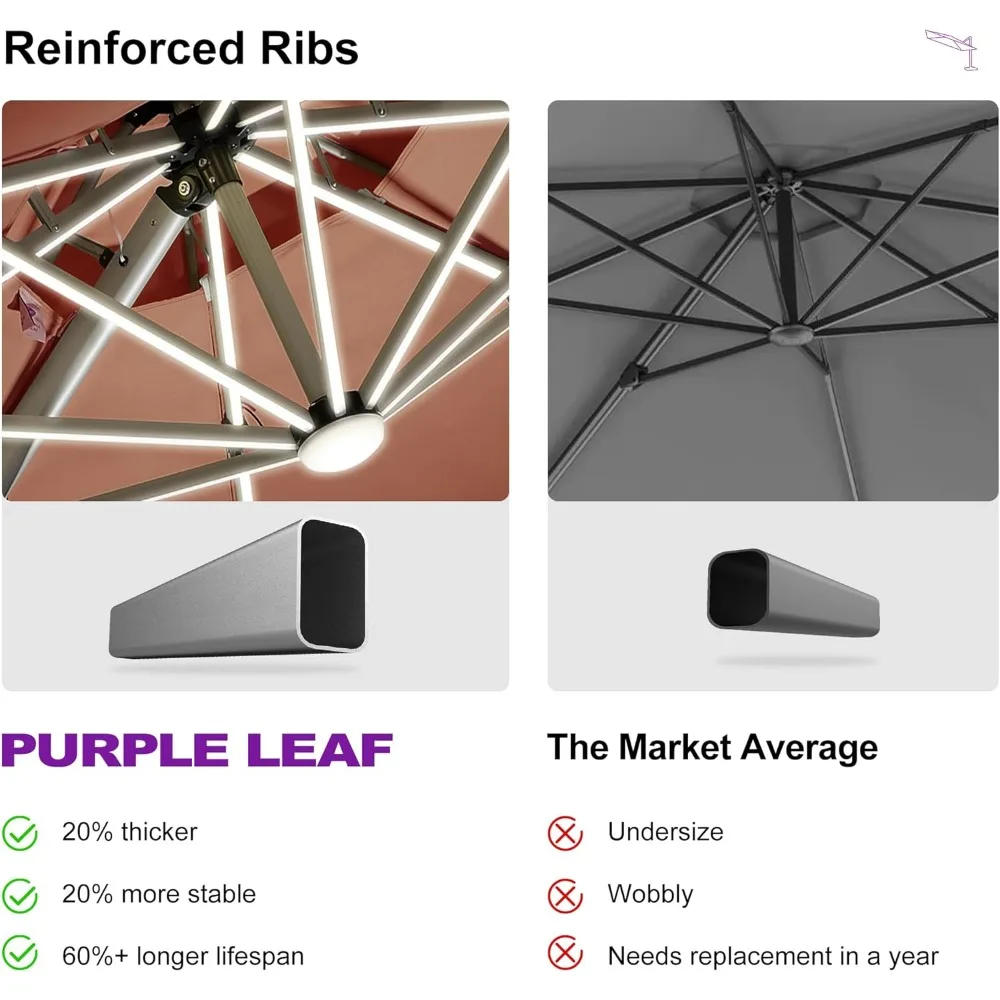 PURPLE LEAF 12ft Solar Powered LED Patio Umbrella Outdoor Round Umbrella Large Cantilever Umbrella with LED Lights Windproof Off
