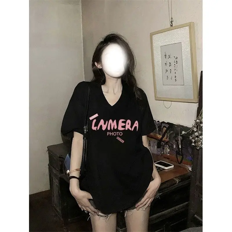 Women Summer Simplicity Trend Loose Printing Black V-neck Short Sleeve Tshirt Women Clothing Casual Large Size Letter Top Tee