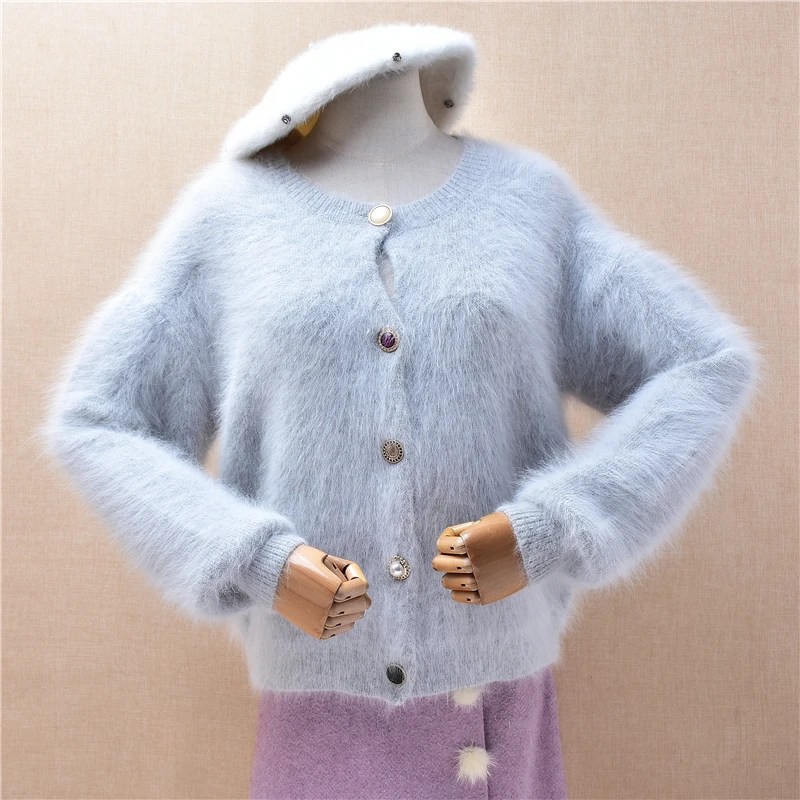 

Ladies Women Spring Autumn Clothing Grey Hairy Mink Cashmere Knitted Long Lantern Sleeves Loose Cardigans Sweater Jacket Coat