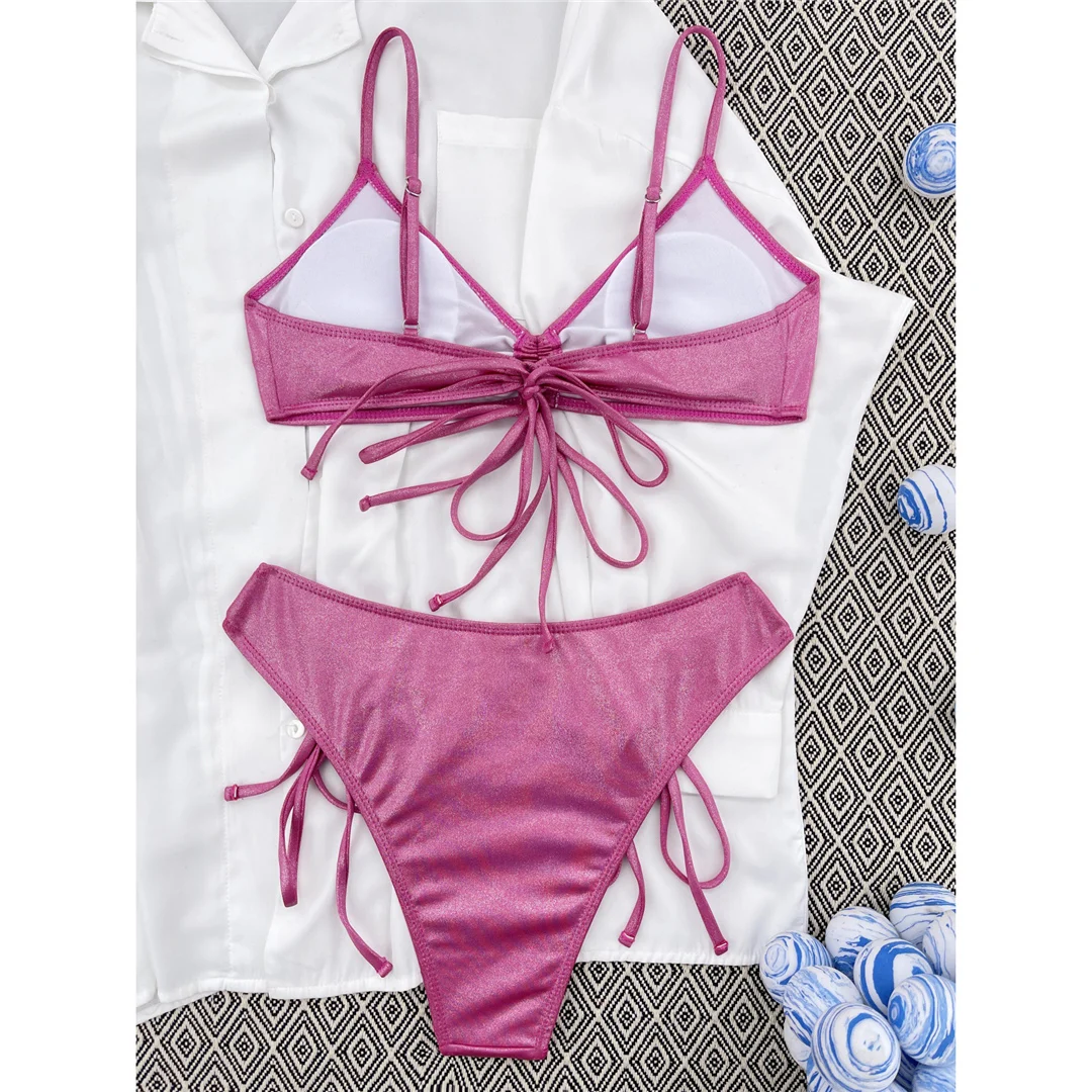 Glitzernder, glänzender, geraffter Bikini mit Trägern, Damen-Badebekleidung, zweiteiliger Bikini-Set, Badeanzug, Badebekleidung, Schwimmbekleidung V5781 – Detail 10
