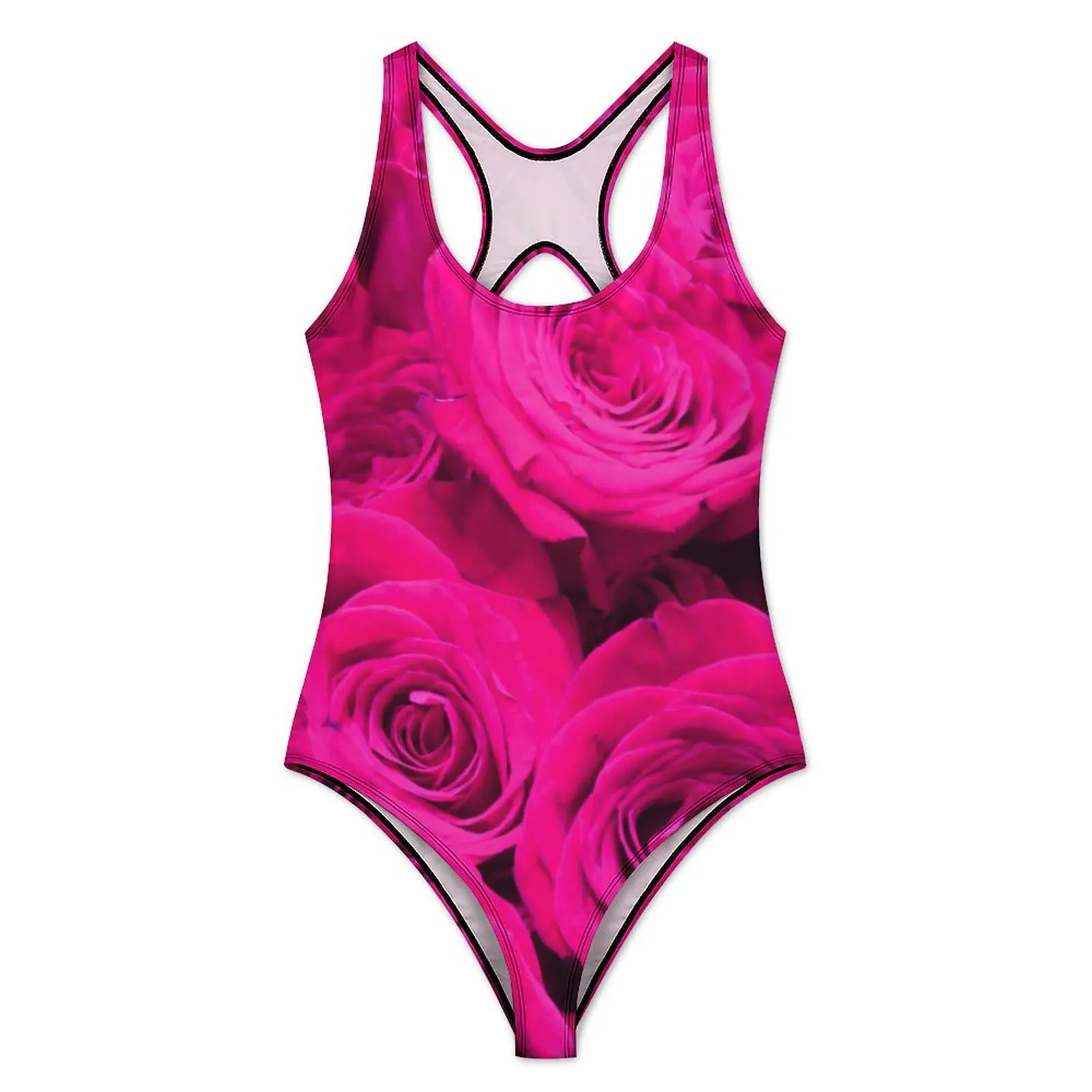Pink Roses Print Swimsuit Sexy Vintage Flowers One Piece Swimwear Push Up Bodysuit Modern Holiday Rave Bathing Suit