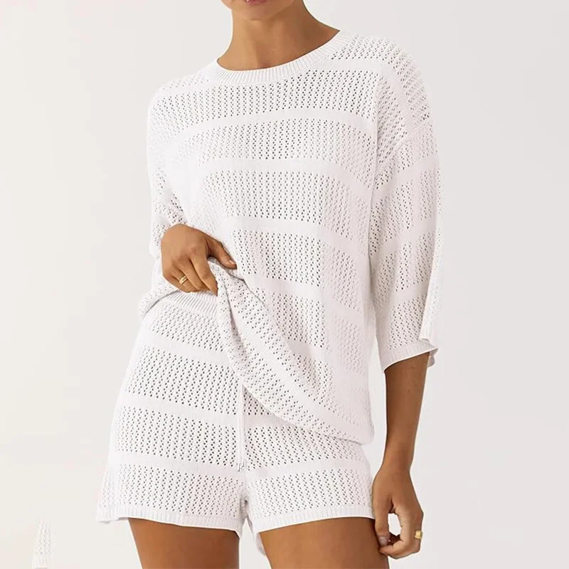 Summer Two-Piece Cover Up, Hollowed Out Knitted Top, Shorts, Vacation Beach Leisure Set