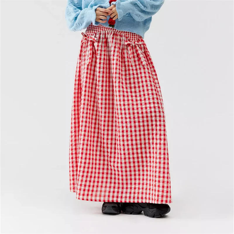 Women Y2K Bow Plaid Maxi Skirt High Waist Gingham Tiered Long Skirt Vintage A-Line Ruffle Flowy Midi Skirt Party Clubwear