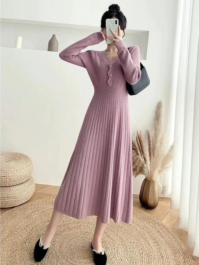 Retro V-Neck Knitted Dress Mid-Length Waist-Cinching Sweater Dress Elegant Versatile Autumn Winter New Style Korean Style