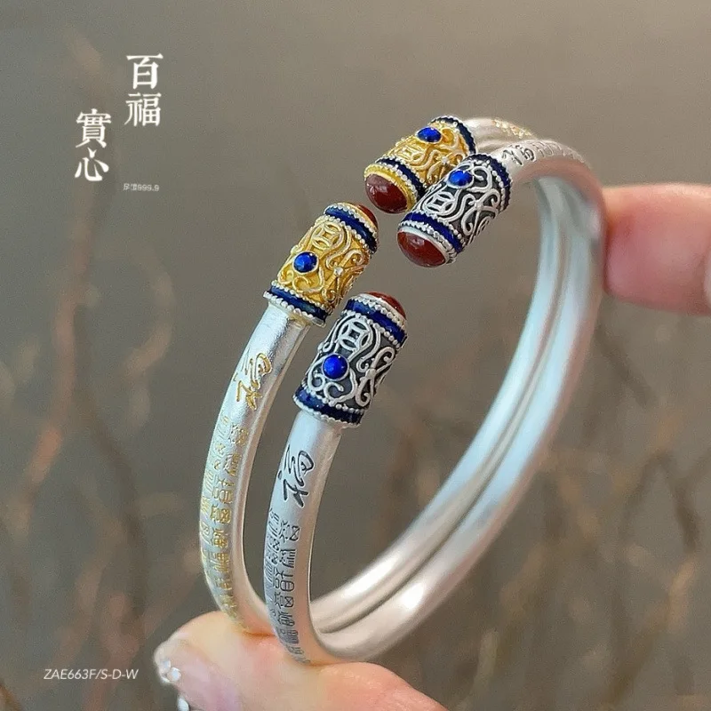 

999.9 Gold-Painted Baifu Solid Sterling Open Enamel Retro Silver Bracelet