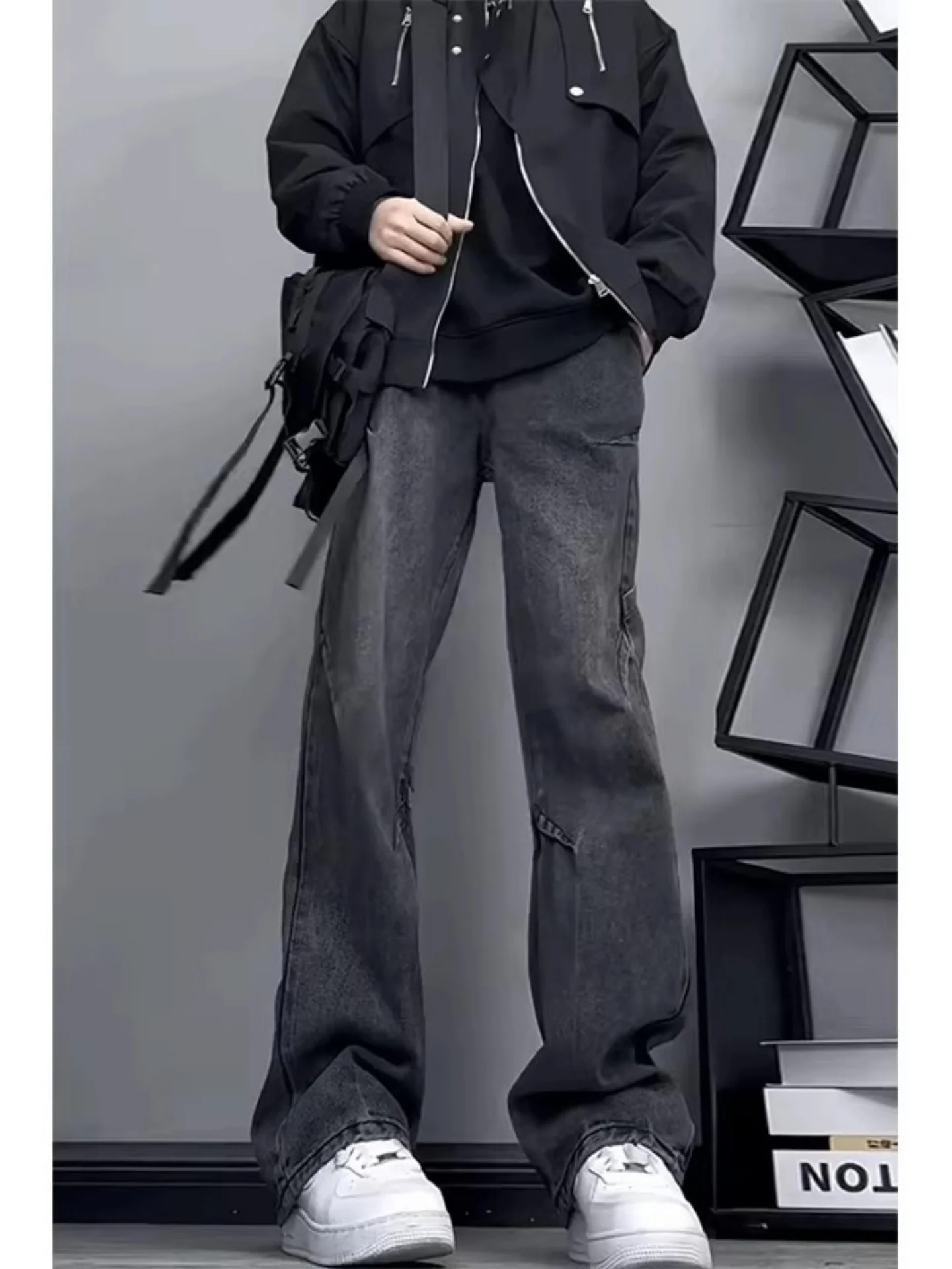 

Bla High Waist Straight Leg Jeans Men's Spring Autumn Loose Wide Leg Pants American Retro Cool High Street Trousers