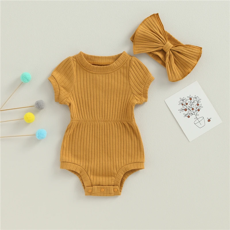 Summer Infant Baby Girls Romper Cotton Baby Jumpsuit Solid Color Short Sleeve Playsuit with Bow Headband Toddler Clothes