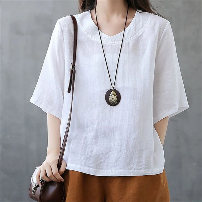 Women Clothing 2024Summer Vintage Simple Casual Loose Cotton Linen T-shirt Female Solid V Neck Short Sleeve Split Irregular Tops