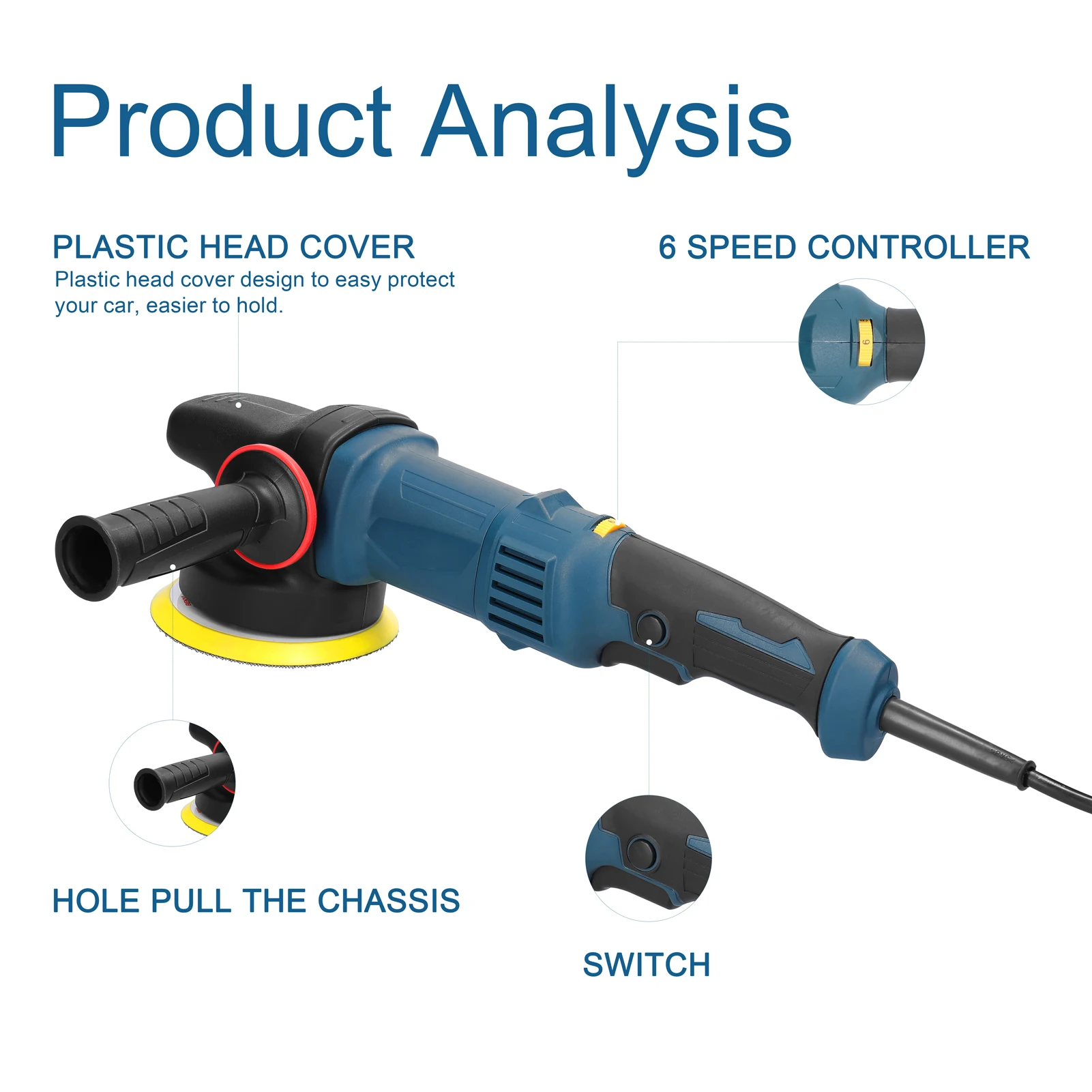 980W Handheld Electric Eccentric Sander 5 Inch Car Polishing Machine 125mm Disc 6 Variable Speeds DA Polisher with 2 Pads