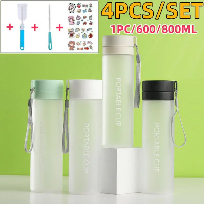 1Set Outdoor Sports Water Bottle Frosted Plastic Cup Portable Rope Water Jug 600/800ml Gift Mug And Sticker Cleaning Brush Tools