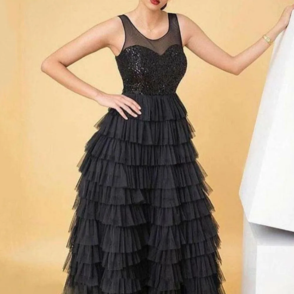 2023 Sexy Simple Black Gorgeous Sequins Mesh Multilayer Princess Prom Evening Gown Floor Length Scoop Neck A-line Sleeveless