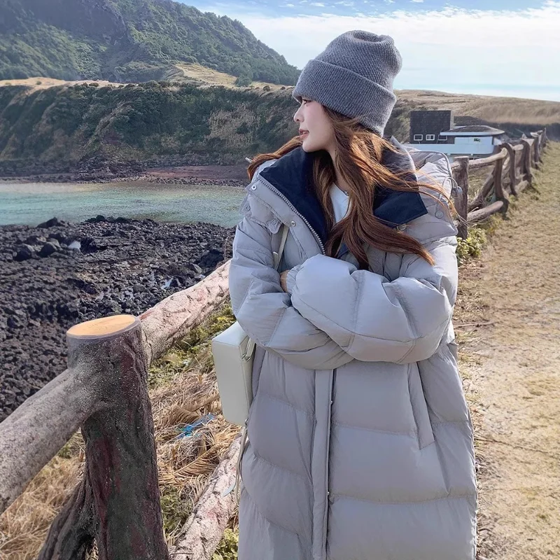 女性用ダウンジャケット 両面着用可能 韓国風パッド入りジャケット ロングルーズフード付き厚手ウィンドブレーカー 新しいダウンコート