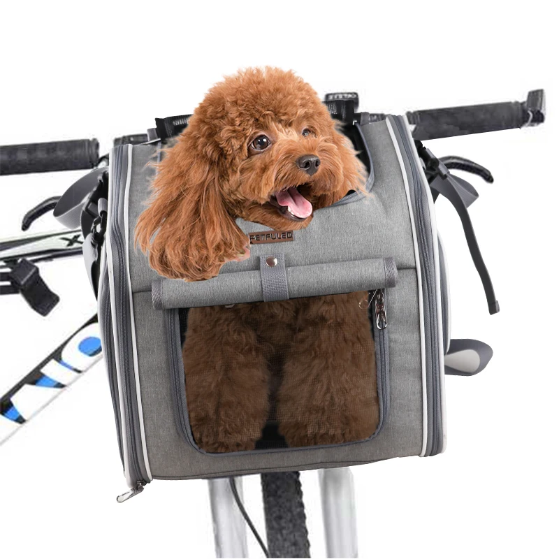 PETFULED Dog or Cat Bike Basket, grey Expandable Soft Sided Pet Carrier Backpack with 4 Open Doors, Foldable Dog Bike Carrier