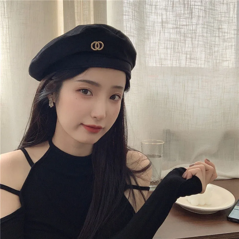 Metal Buckle Black Berets 2023 Spring New Artist  Warm Hip Hop Hats Vintage Elegant Women Girls Decorative Cap High Quality