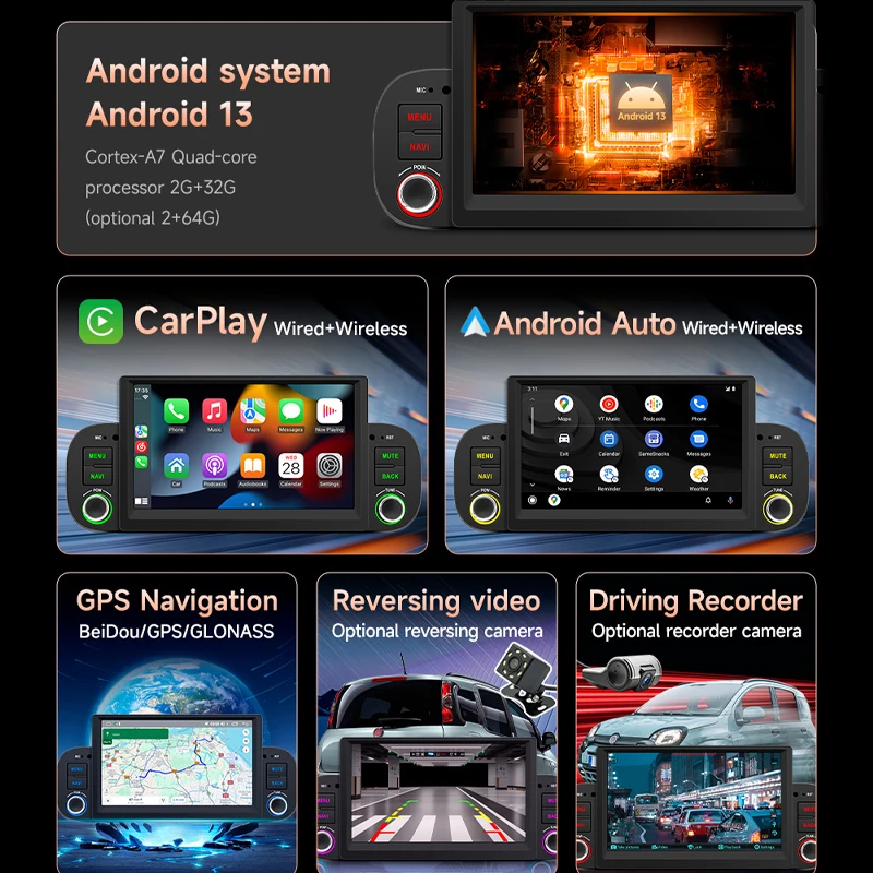 Car Android GPS, Radio CarPlay, Android Auto, Bluetooth, USB WiFi RDS FM, 7