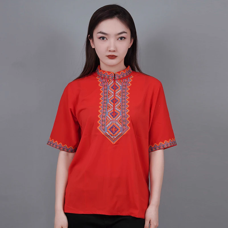 Chinese Xinjiang Uyghur Ethnic Traditional Embroidery Tops for Women Men Summer Stand Collar Tees T-Shirts Vintage Tshirt