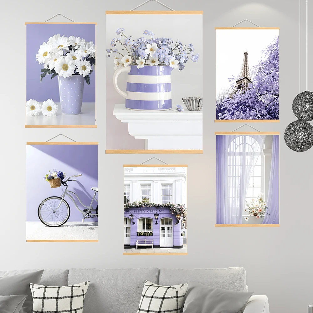 Paris Tower Purple Hydrangea Vase Bicycle Wood Hanging Scroll Painting Nordic Posters Prints Wall Pictures For Living Room Decor