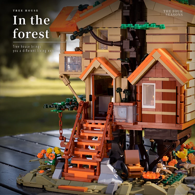 1711 Uds. Casa de árbol creativa de las cuatro estaciones, bloques de construcción, vista de la calle de la ciudad, casa de madera, montar ladrillos, juguete para regalo para niños